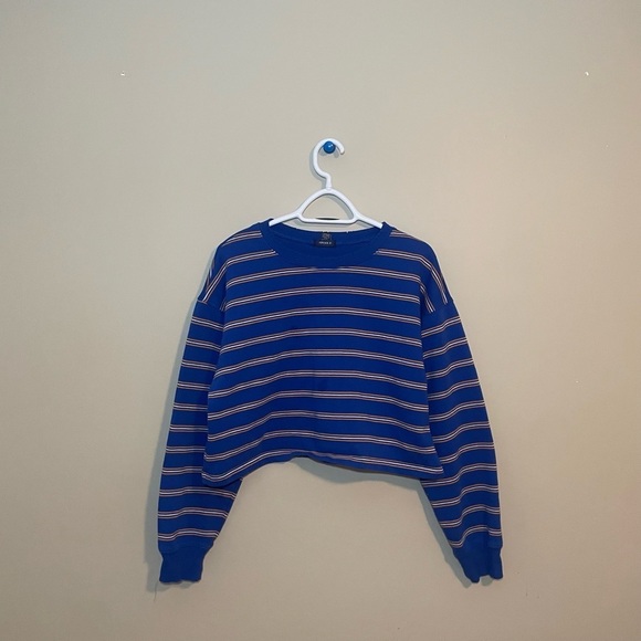 FOREVER 21 Stripped Long Sleeve Crop Top Sweatshirt | Blue Yellow - Picture 2 of 6